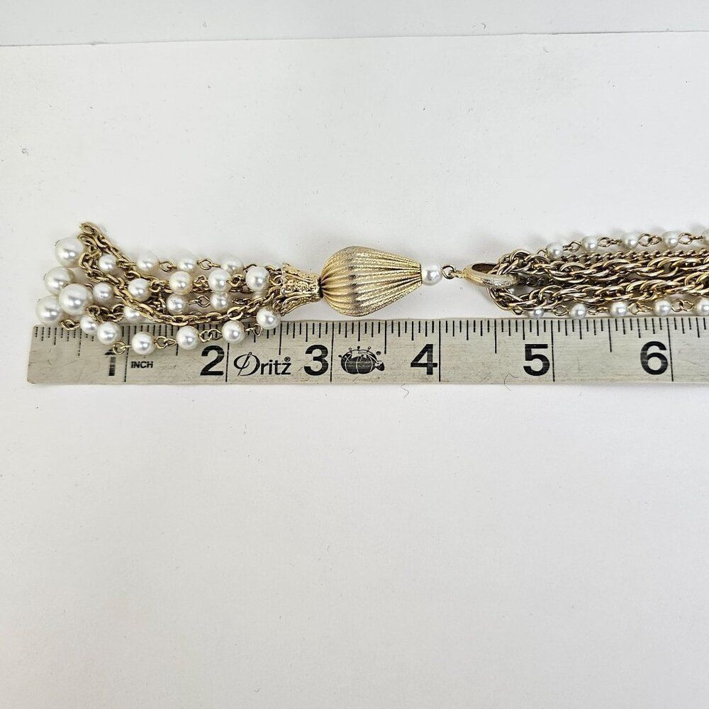 Vintage Triple Strand Faux Pearl Gold Tone Metal Tassel Beaded Pendant Necklace - Picture 8 of 10
